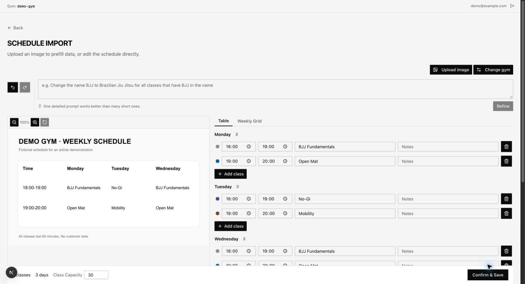 The MAAT schedule editor displays editable class times and names beside the fictional source image.