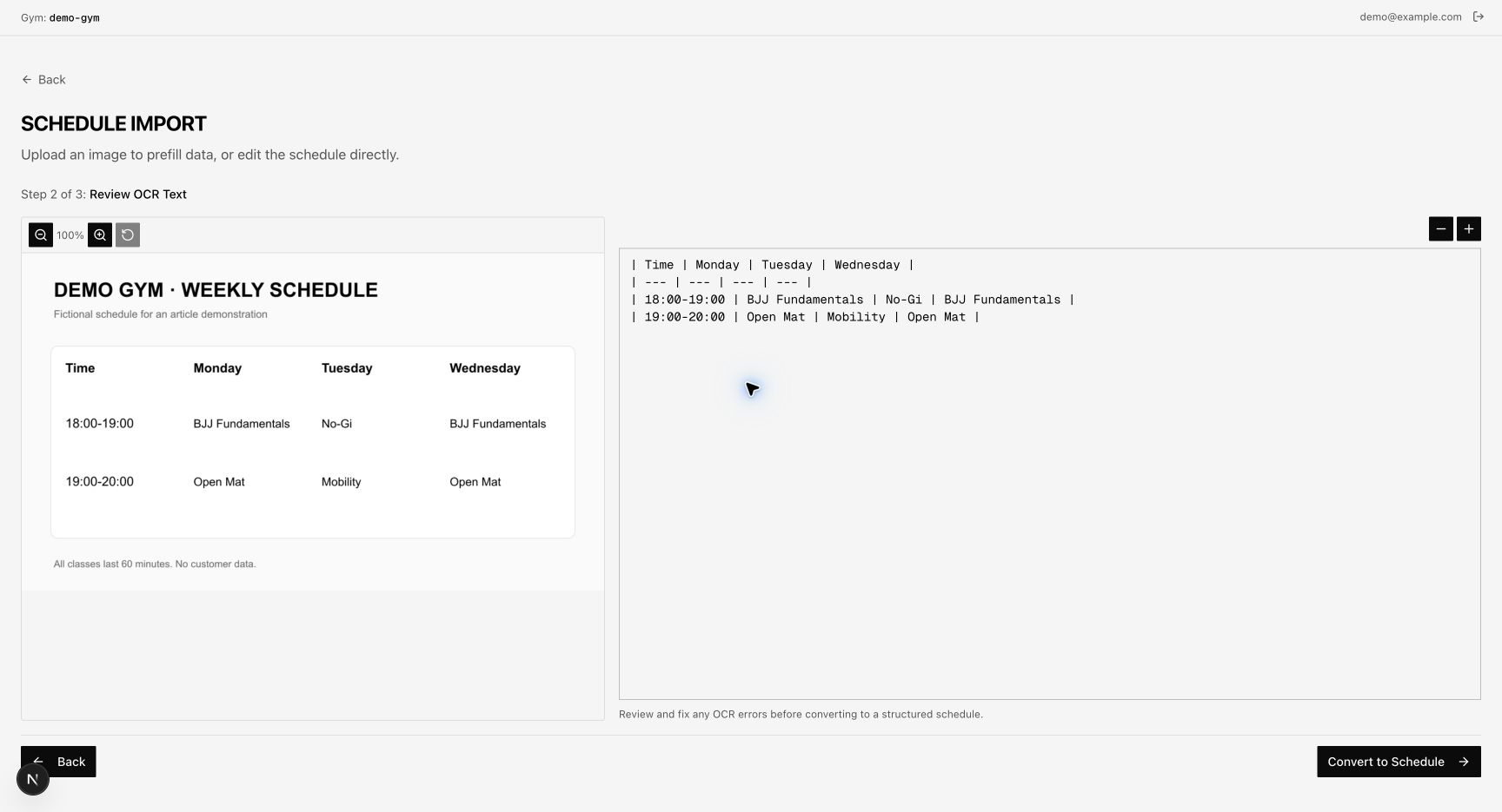 The MAAT review screen displays a fictional schedule beside an editable Markdown table.