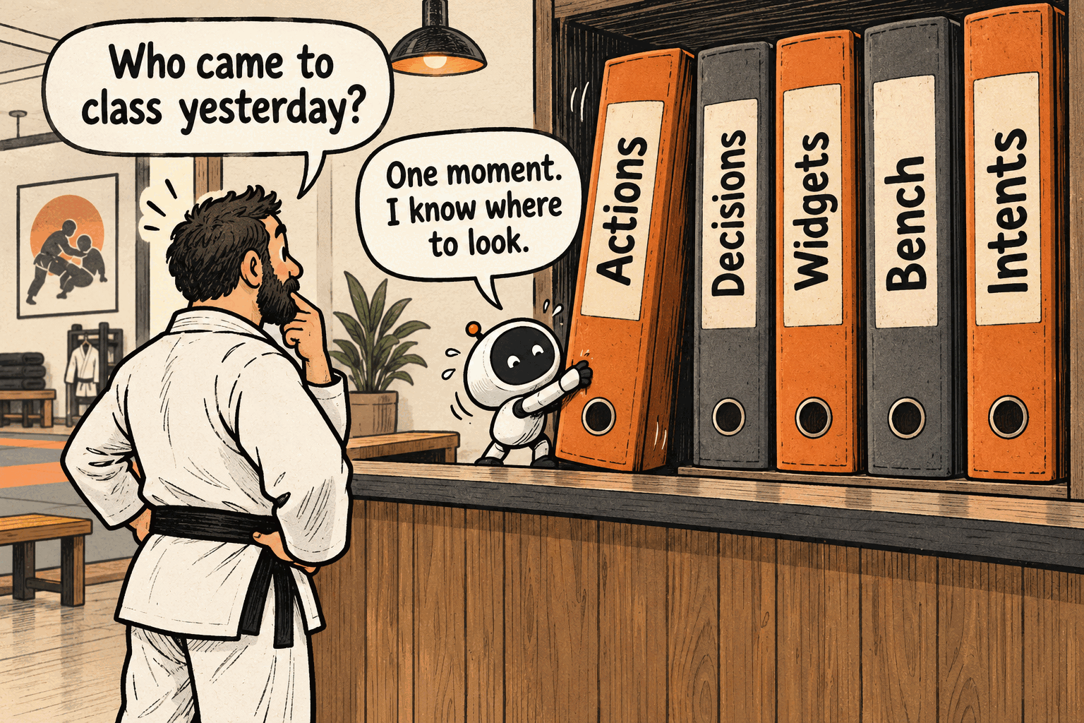A tiny robot at a gym front desk pulls a binder labelled Actions from a tall wall of binders labelled Actions, Decisions, Widgets, Bench and Intents, while a gym owner asks who came to class yesterday