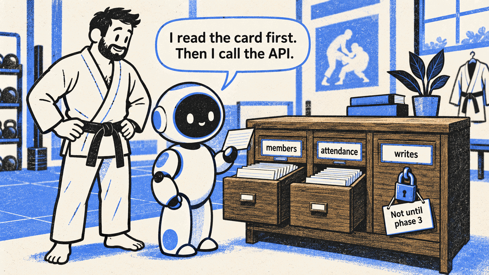 A two-tone print of a robot at a library card catalog with drawers labelled members and attendance, and a padlocked drawer labelled writes with a sign Not until phase 3
