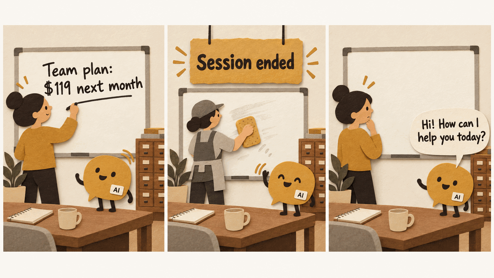 Three-panel comic. The founder writes Team plan: $119 next month on a whiteboard while the AI nods. A sign says Session ended and a cleaner wipes the whiteboard. Next morning, the founder looks at the empty whiteboard while the AI says, Hi! How can I help you today?