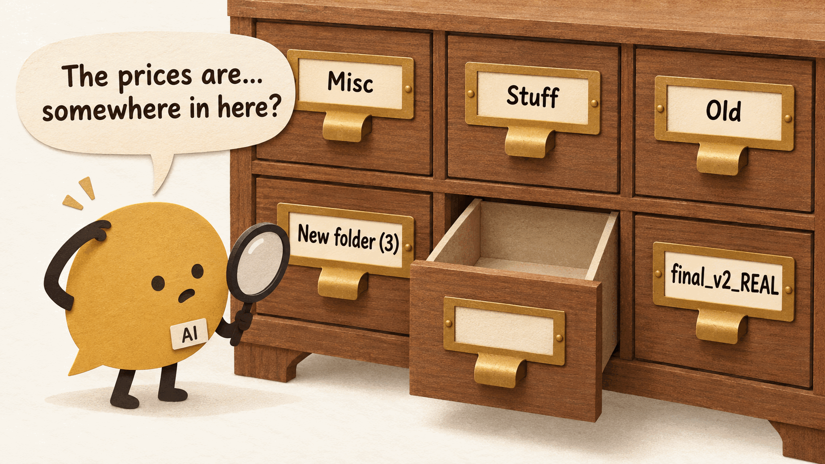 Comic. The AI stands in front of a card catalog with a magnifying glass. The drawers are labelled Misc, Stuff, Old, New folder (3), and final_v2_REAL. It says, The prices are... somewhere in here?