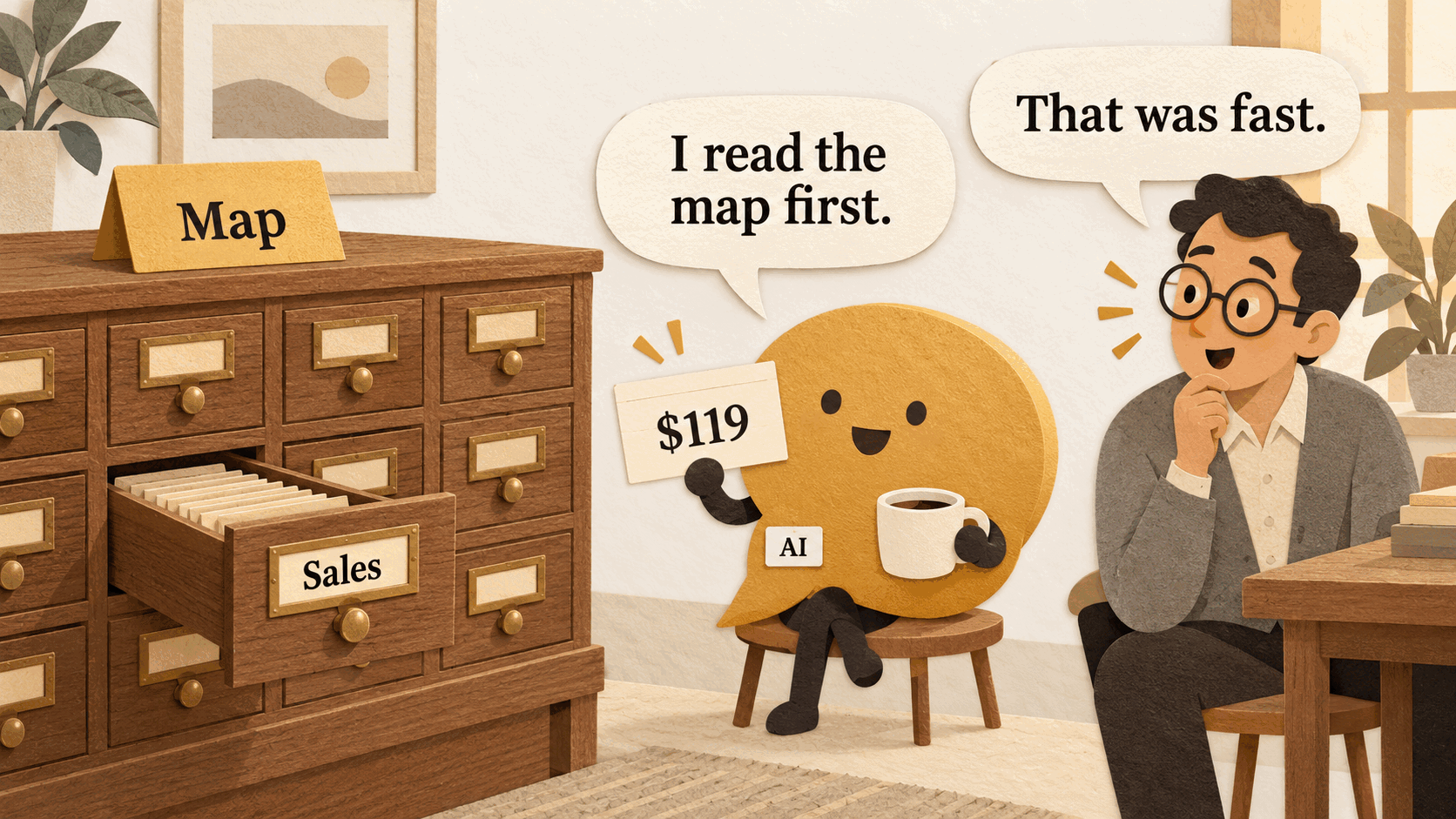 Comic. A tidy card catalog with a gold card labelled Map on top and only the Sales drawer open. The AI relaxes with a coffee and holds a card with $119. The colleague says, That was fast. The AI answers, I read the map first.